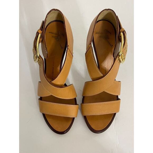 Giuseppe Zanotti 37 7 Heels Camel Tan Leather Sandals Open Toe Ankle Strap Pump - Picture 5 of 8